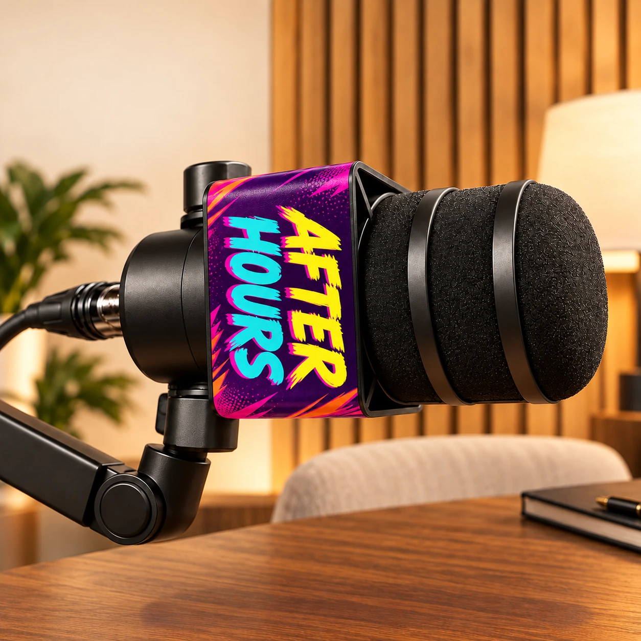 AI-edited Etsy studio setup with vibrant AFTER HOURS artwork on the original microphone flag.
